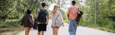 back view of multiethnic friends with guitar and backpacks walking on road along forest, banner