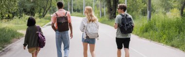 back view of multiethnic friends with backpacks walking on road near forest, banner