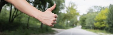 partial view of hitchhiker with thumb up stopping car on countryside road, banner