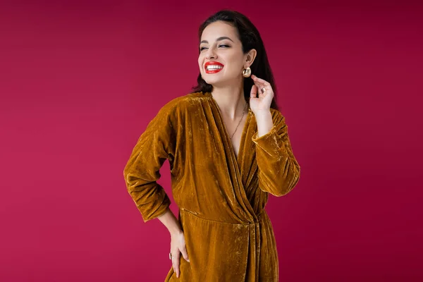 Happy Woman Elegant Velour Dress Looking Away Isolated Red — Stock Photo, Image