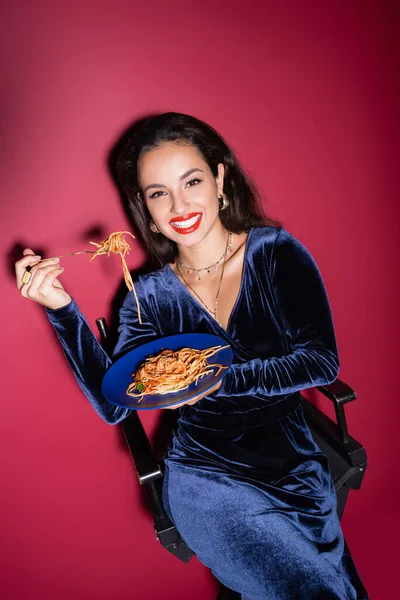 Happy Woman Stylish Velour Dress Holding Plate Fork Pasta Red — Stock Photo, Image