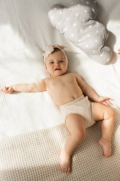 Top View Barefoot Infant Girl Headband Lying Bed Pillow Cloud — Stock Photo, Image