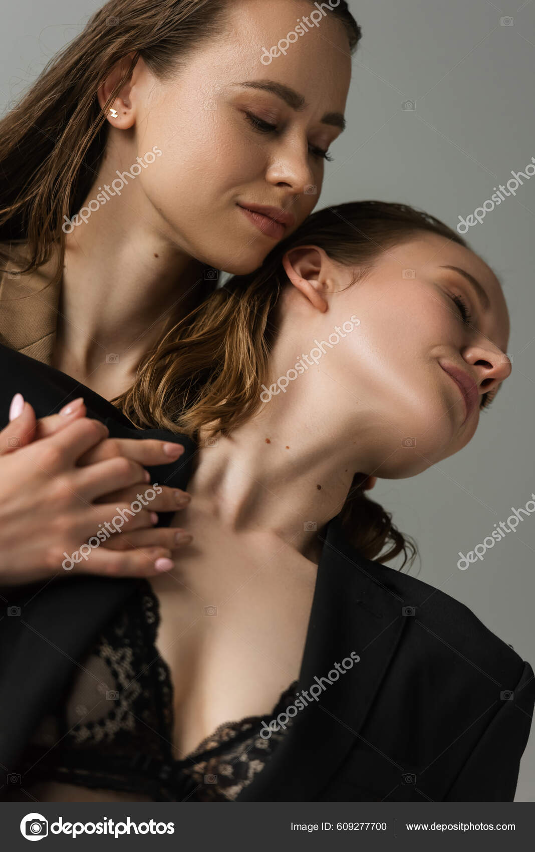 Low Angle View Young Lesbian Woman Seductive Girlfriend Black Bra Stock Photo by ©AllaSerebrina 609277700