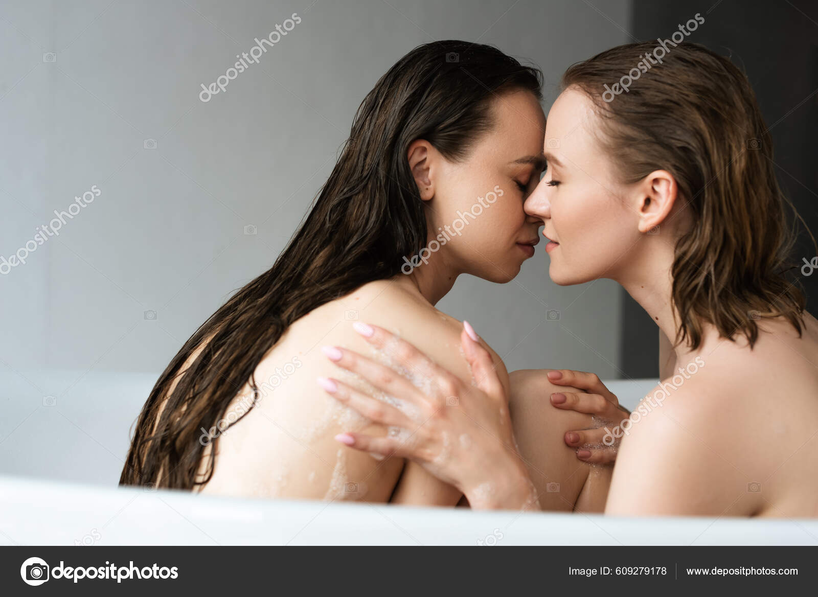 Side View Pretty Lesbian Woman Touching Wet Long Haired Girlfriend Stock Photo by ©AllaSerebrina 609279178