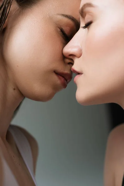 近距离观察年轻的女同性恋者在灰地上接吻的情景 — 图库照片