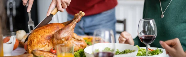 Cropped View Senior Man Cutting Delicious Thanksgiving Turkey Dinner Home — Stock Photo, Image