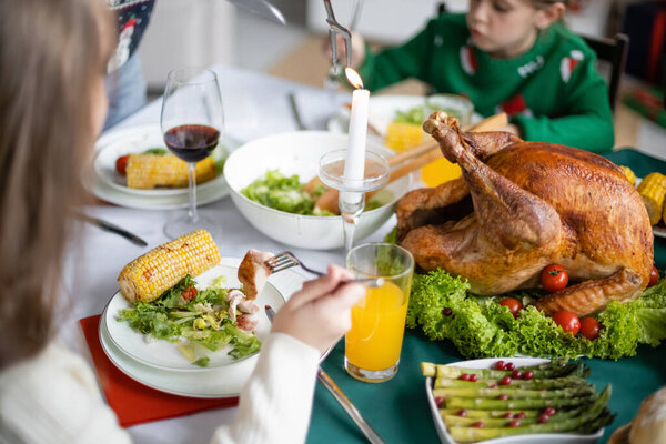 blurred sisters having thanksgiving dinner near traditional turkey and glasses of orange juice