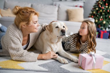 Kızının yanında Labrador 'u okşayan neşeli bir kadın ve evde yerde Noel hediyesi. 