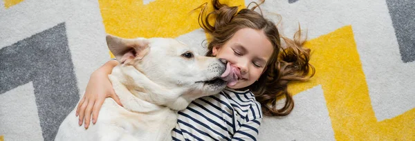 Horní Pohled Labrador Lízání Obličeje Pozitivního Dítěte Podlaze Doma Prapor — Stock fotografie