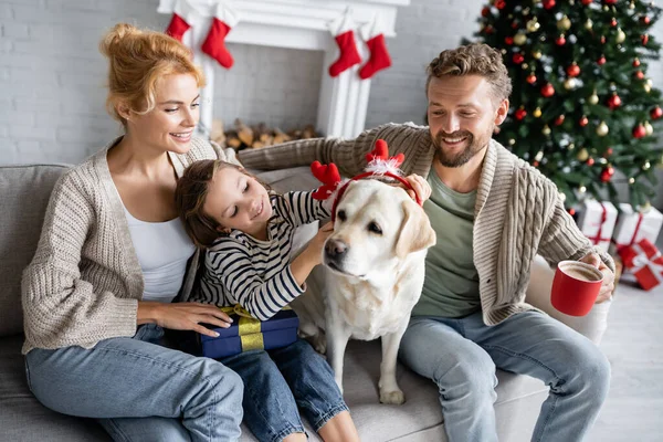 Flicka Bär Jul Pannband Labrador Nära Föräldrar Med Gåva Och — Stockfoto