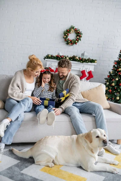 Leende Familj Tittar Öppnade Presentförpackning Nära Labrador Jul Firande Hemma — Stockfoto