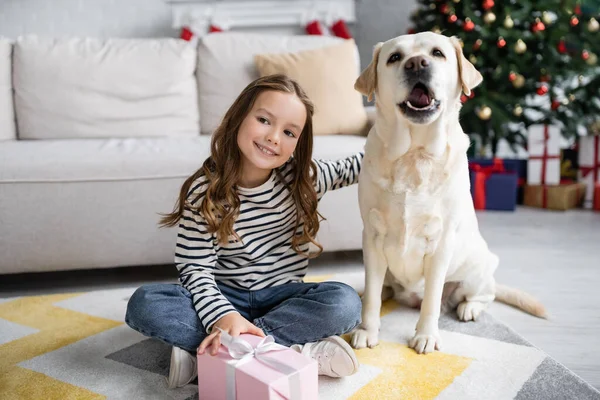 Kid Holding New Year Present Hugging Labrador Carpet Living Room — Stock Photo, Image