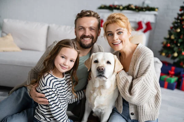 Sonriente Madre Niño Acariciando Labrador Cerca Del Hombre Durante Navidad —  Fotos de Stock