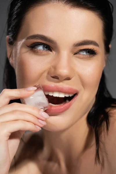 Cheerful brunette woman holding ice cube near lips isolated on grey