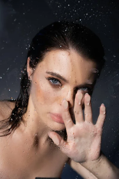Young Brunette Woman Makeup Touching Wet Glass Grey Background — Stock Photo, Image