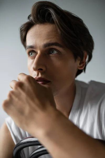 Portrait Brunette Man Blue Eyes Looking Away While Posing Isolated — Stock Photo, Image