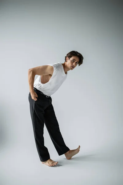 Full Length Stylish Man White Shirt Black Pants Posing Hand — Stock Photo, Image