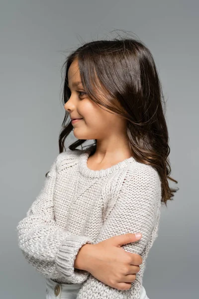 Pleased Brunette Girl Warm Knitted Sweater Looking Away Isolated Grey — Stock Photo, Image