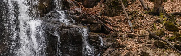 Rivière de montagne près des pierres et des feuilles sèches en forêt, bannière — Photo de stock