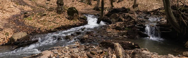 Mountain river and stones in forest in autumn, banner - foto de stock