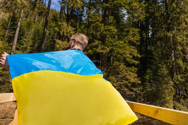 Homme tenant le drapeau ukrainien dans la forêt verte — Photo de stock