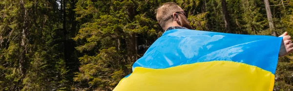 Homem segurando bandeira ucraniana na floresta, bandeira — Fotografia de Stock