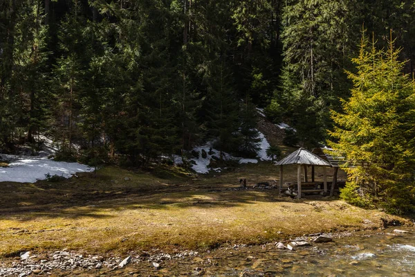 Alcôve en bois au bord de la rivière près de la forêt — Photo de stock