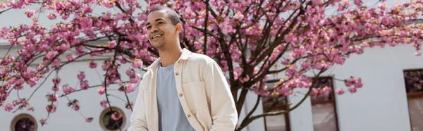 Positiver afrikanisch-amerikanischer Mann in Hemdjacke, der in der Nähe des Kirschbaums spaziert, Banner — Stockfoto