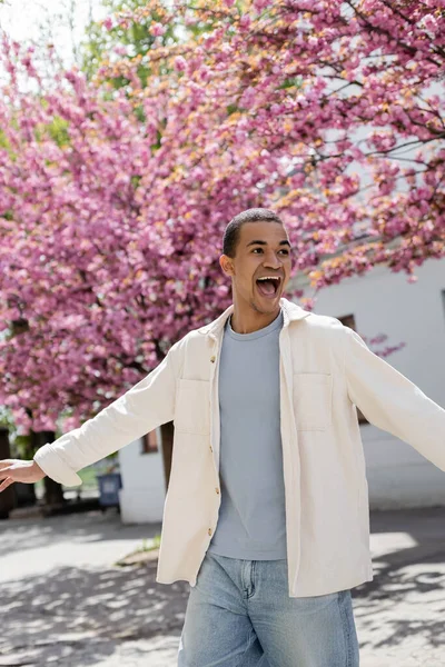 Excité homme afro-américain en veste chemise marche près de cerisier rose — Photo de stock