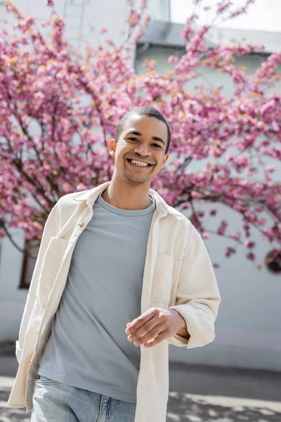 Hombre afroamericano en camisa chaqueta caminando cerca de cerezo rosa - foto de stock