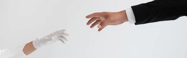 Cropped view of groom and bride reaching each other hands isolated on grey, banner — Stock Photo