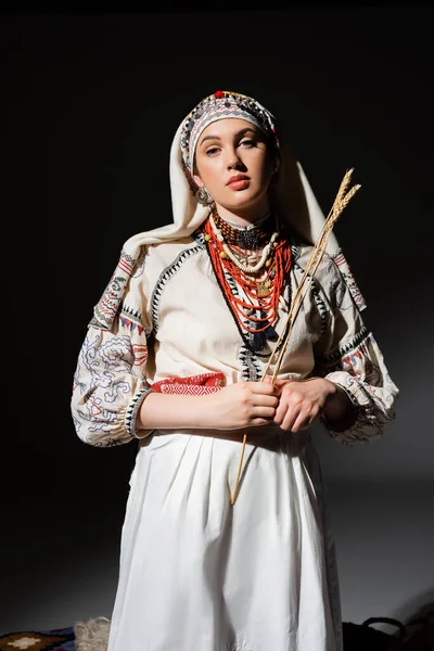 Young ukrainian woman in traditional clothing with ornament holding wheat spikelets on black — Stock Photo