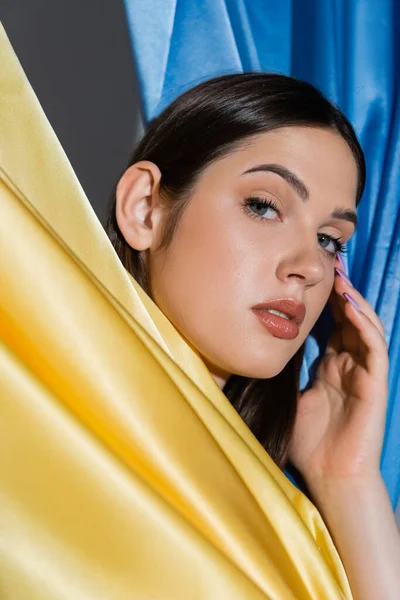 Retrato de una hermosa mujer ucraniana posando cerca de la bandera azul y amarilla nacional - foto de stock