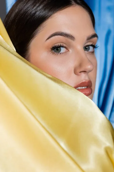 Close up of sensual young ukrainian woman posing near national blue and yellow flag — Stockfoto