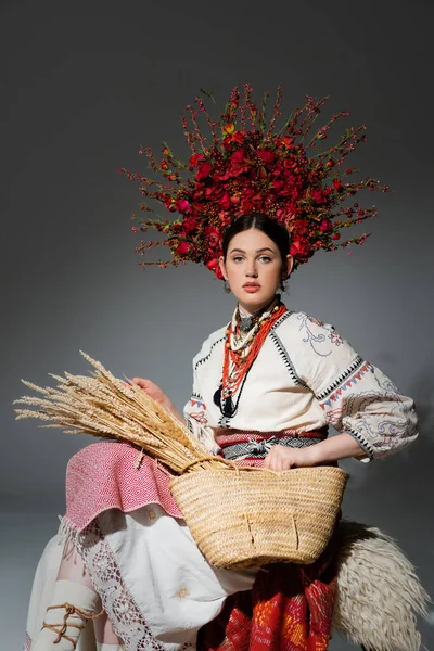 Young ukrainian woman in traditional clothes and red wreath with flowers holding bag with wheat on dark grey — Stock Photo