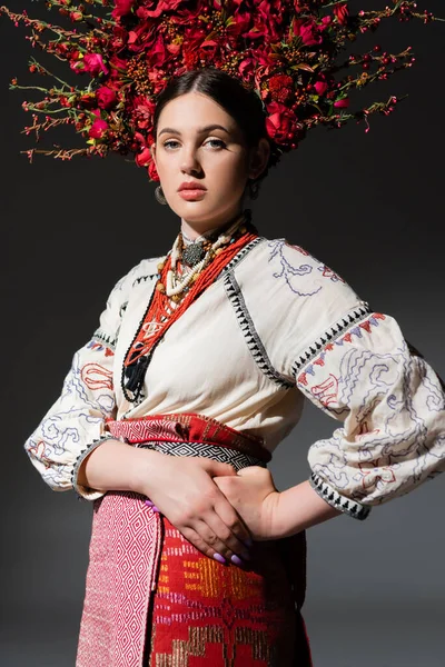 Morena e bonita mulher ucraniana em coroa floral com bagas vermelhas posando com a mão no quadril no cinza escuro — Fotografia de Stock