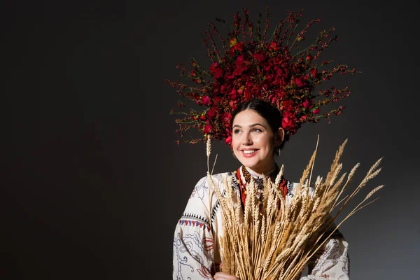 Mujer ucraniana joven y sonriente en corona floral con bayas rojas sosteniendo espiguillas de trigo en negro - foto de stock