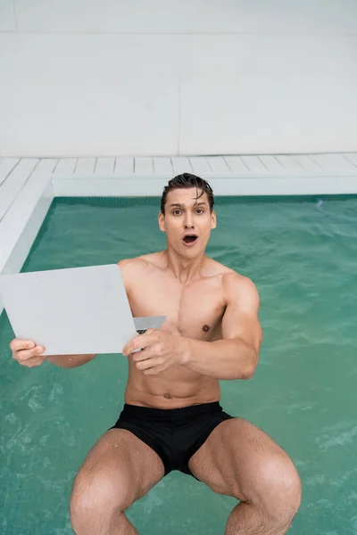 Thrilled man with laptop screaming while falling in pool — Fotografia de Stock