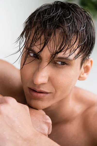 Портрет людини з мокрим волоссям і ідеальним обличчям на білому тлі — стокове фото