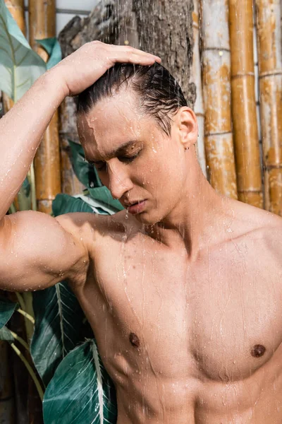 Людина з закритими очима, що стоїть під душем біля тропічного листя — стокове фото