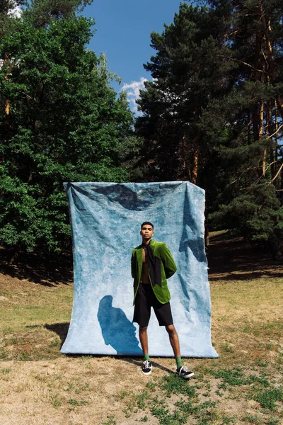 African american man in green blazer and black shorts standing with hands behind back near blue drape in park — Fotografia de Stock