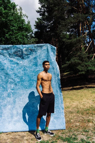 Full length of shirtless african american man with hands in pockets of black shorts near blue cloth in park — Foto stock