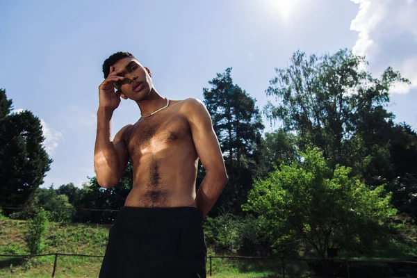 Без сорочки афроамериканський чоловік прикриває обличчя рукою, позує в сонячному парку — стокове фото