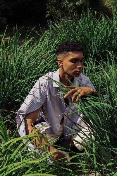 Young african american man in blue and striped shirt sitting on grass in park — Fotografia de Stock