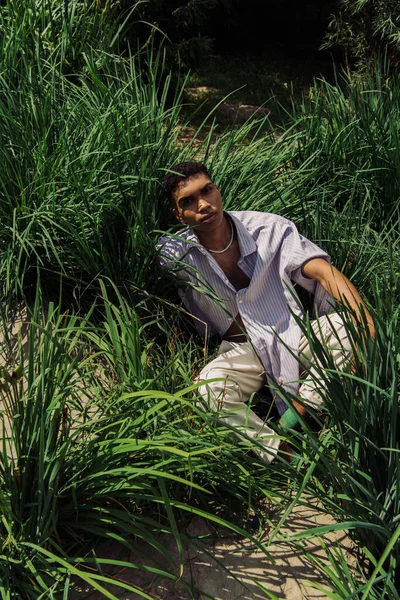 High angle view of african american man in summer clothes sitting on grass and looking at camera — Stockfoto