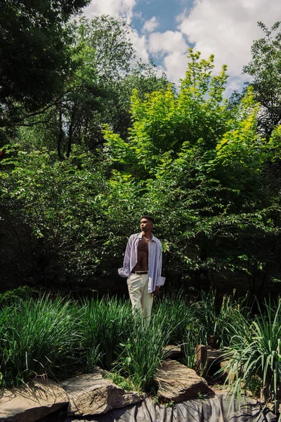 African american man in stylish summer outfit standing with hand in pocket in summer park — Stock Photo