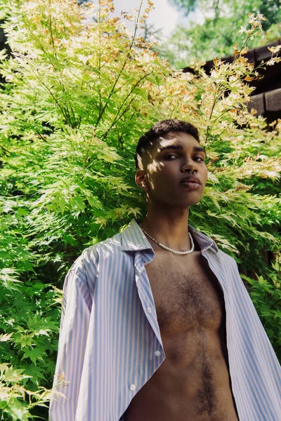 Trendy african american man in beads and blue striped shirt posing near bush on park — Foto stock