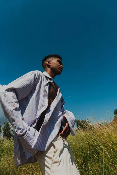 Low angle view of african american man in blue striped shirt in in field — Fotografia de Stock