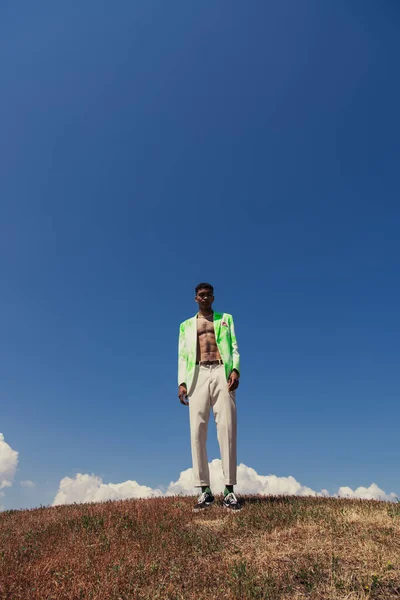 Full length view of african american man standing under blue sky in green meadow — Fotografia de Stock