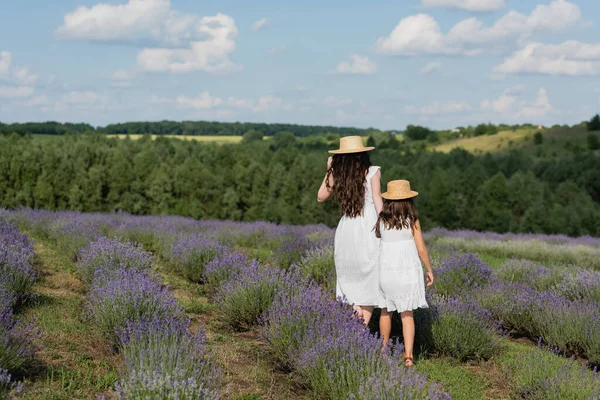 Back view of mother and daughter in white dresses walking in lavender field — Foto stock